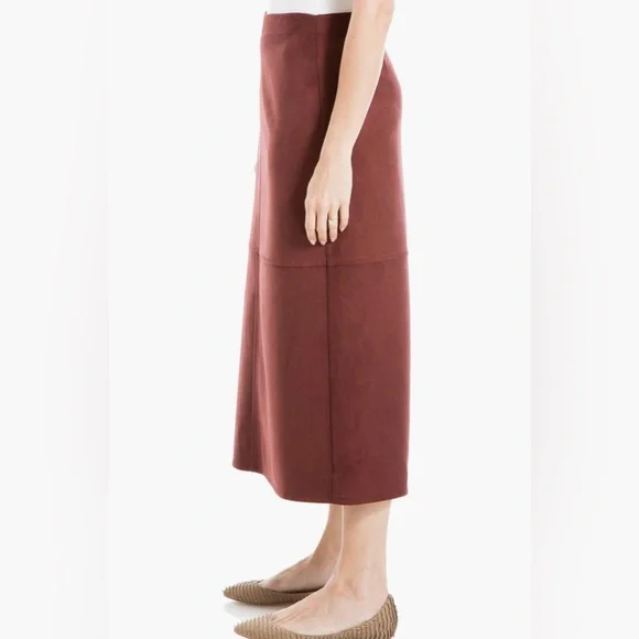 MAX STUDIO Faux Suede Leather Burgundy A-Line Midi Skirt - Picture 1 of 13
